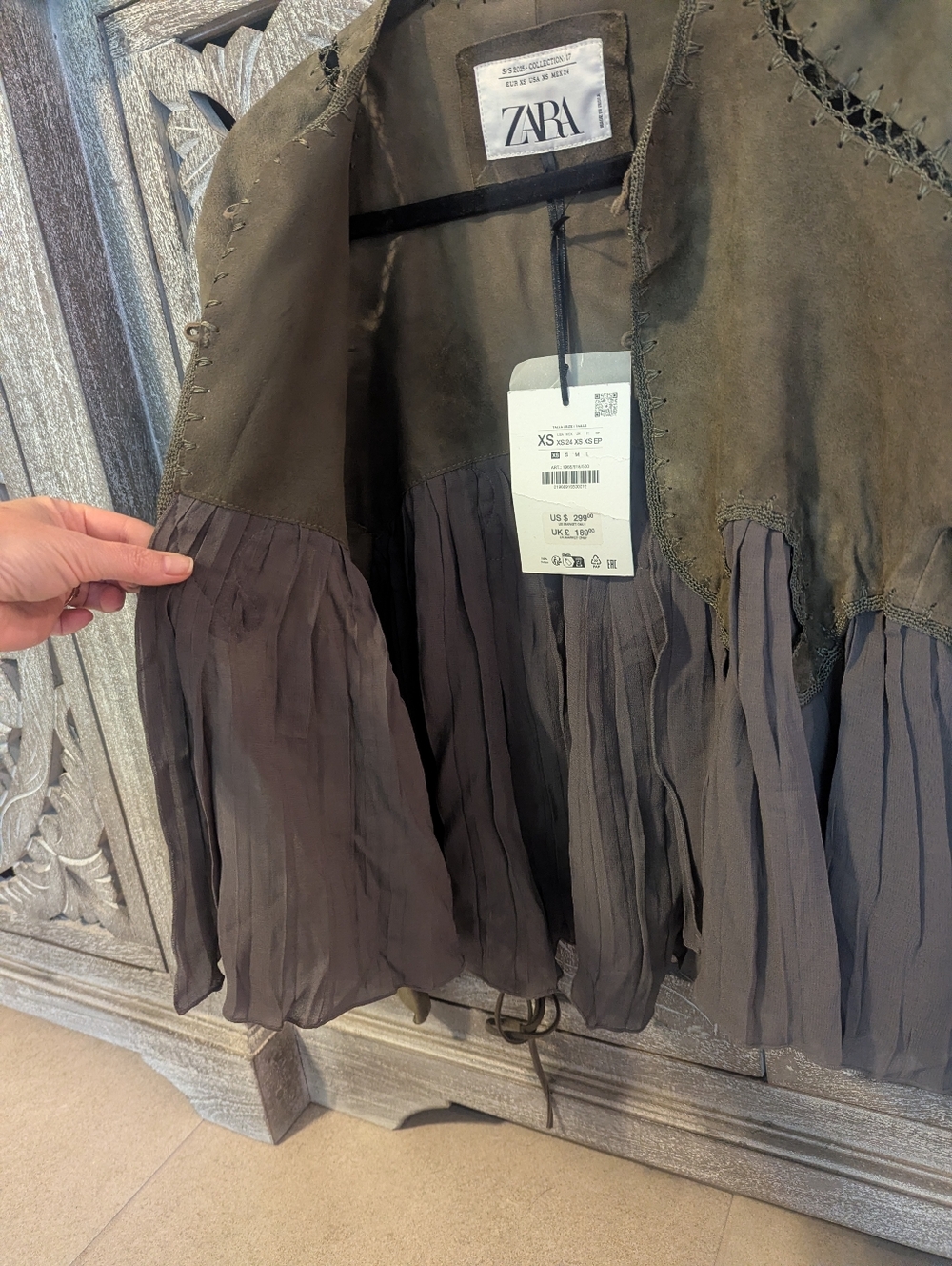 ZARA Olive Suede Leather Jacket with flowing Pleated Hem BRAND NEW